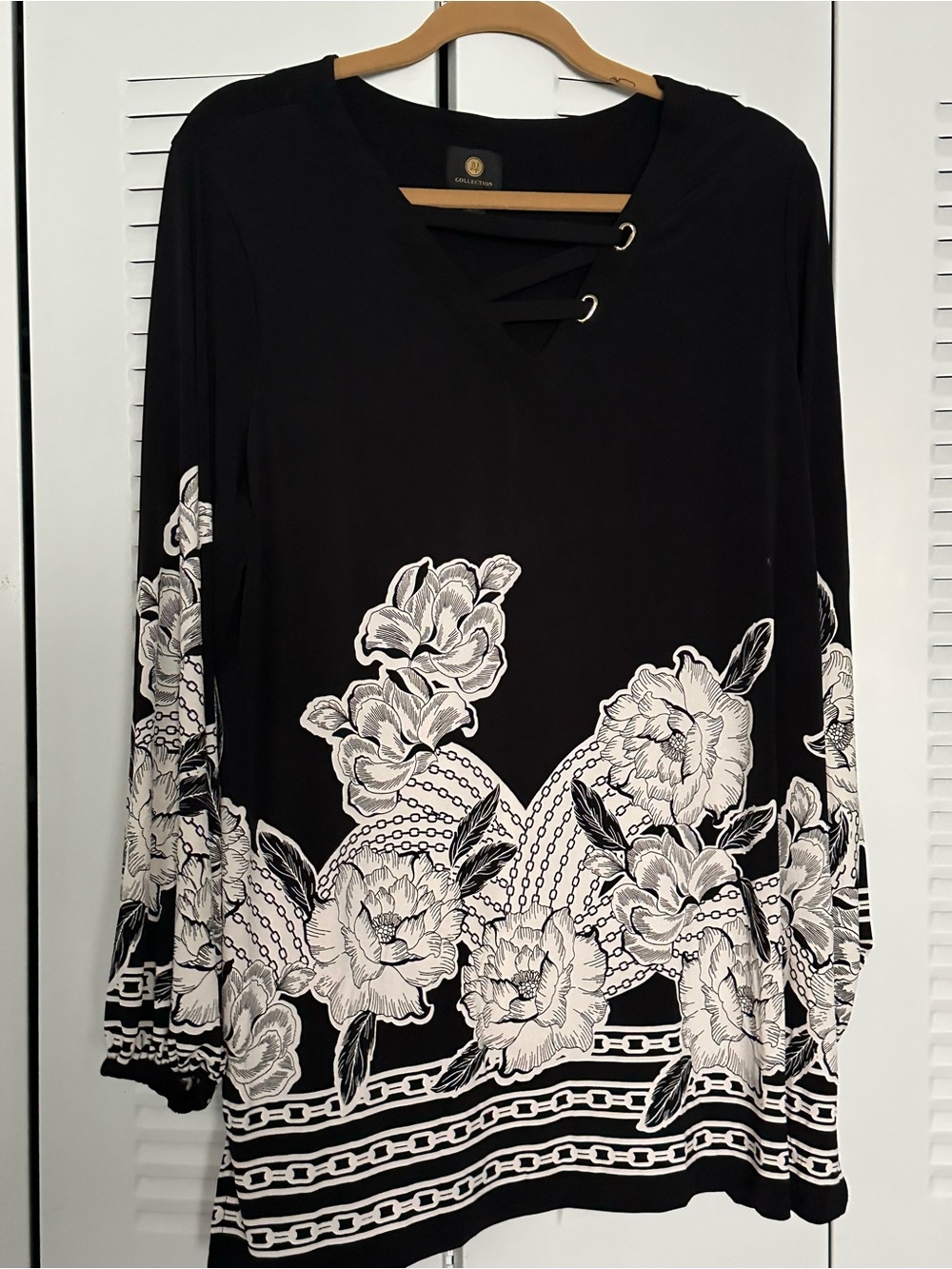 Charming Charlie Black Tunic with White Floral Border & Lace-Up V-Neck